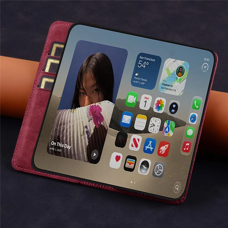 For iPhone Duo Case Lines Pattern Wallet Leather Phone Cover with Strap - Red
