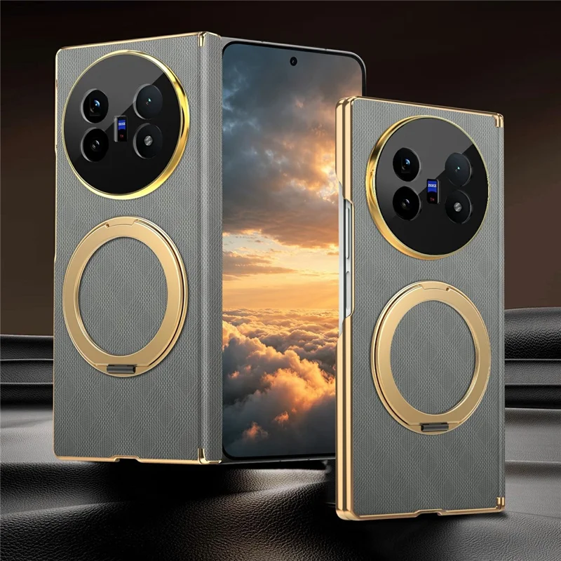 For vivo X Fold5 5G Case Magnetic Kickstand Leather + PC Dual-Axis Hinge Protection Phone Cover - Grey