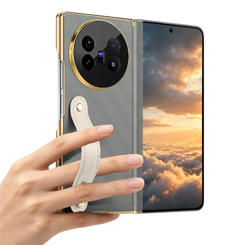 For vivo X Fold5 5G Case with Wristband PU Leather + PC Dual-Axis Hinge Protection Phone Cover - Grey
