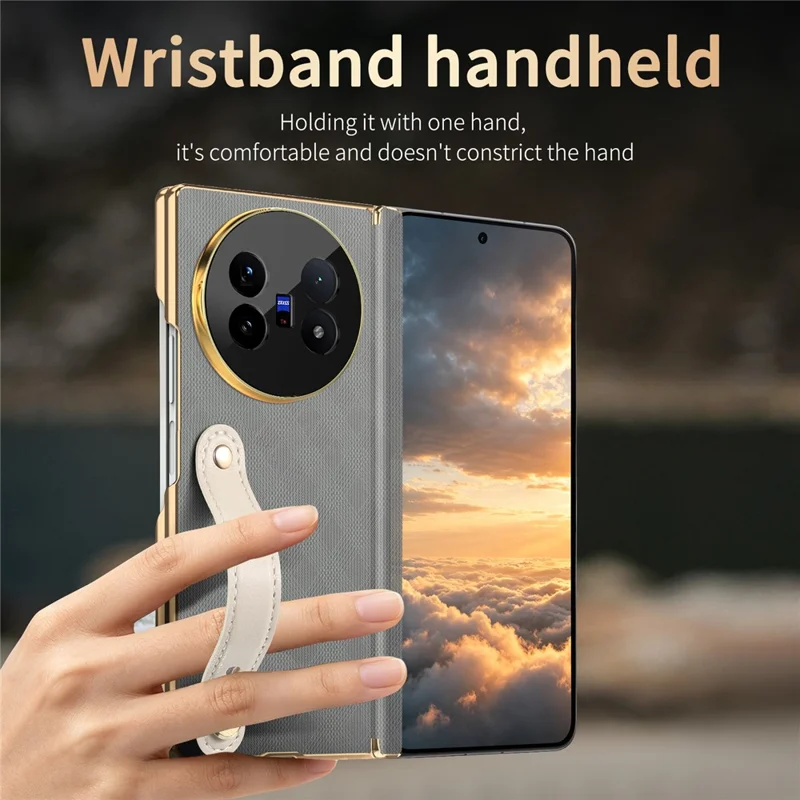 For vivo X Fold5 5G Case with Wristband PU Leather + PC Dual-Axis Hinge Protection Phone Cover - Grey
