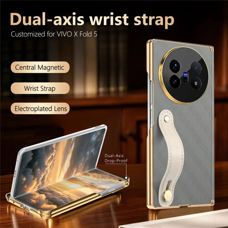For vivo X Fold5 5G Case with Wristband PU Leather + PC Dual-Axis Hinge Protection Phone Cover - Grey