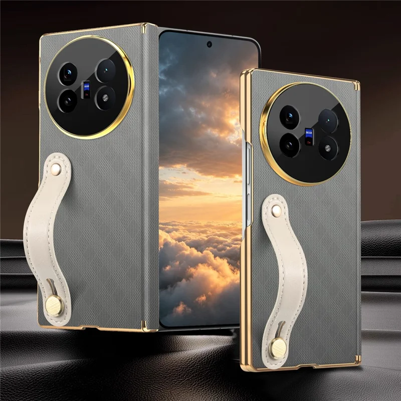 For vivo X Fold5 5G Case with Wristband PU Leather + PC Dual-Axis Hinge Protection Phone Cover - Grey