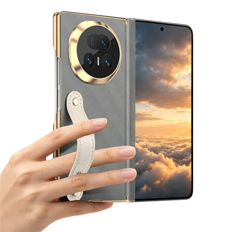 Für Honor Magic V5 5G Hülle mit Handschlaufe aus PU-Leder + PC Dual-Achsen-Scharnier-Schutz Telefonabdeckung - Grau