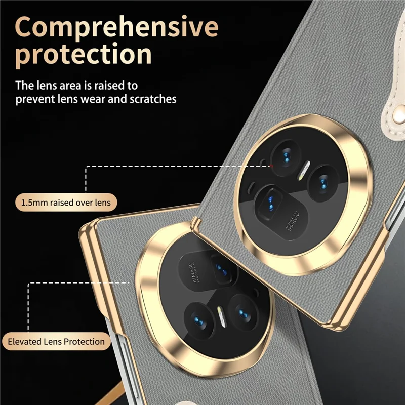Für Honor Magic V5 5G Hülle mit Handschlaufe aus PU-Leder + PC Dual-Achsen-Scharnier-Schutz Telefonabdeckung - Grau