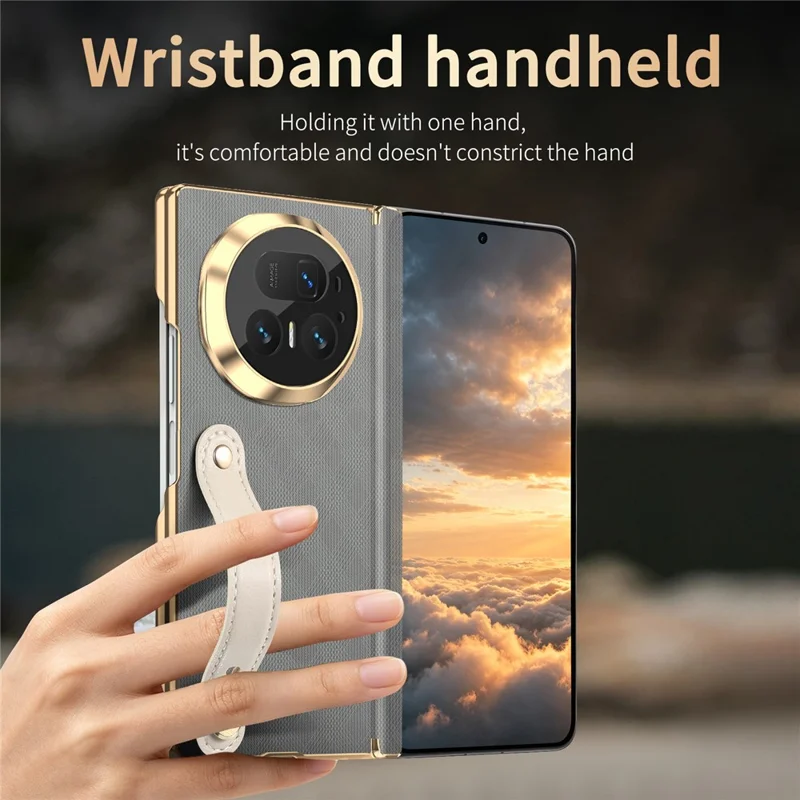 Für Honor Magic V5 5G Hülle mit Handschlaufe aus PU-Leder + PC Dual-Achsen-Scharnier-Schutz Telefonabdeckung - Grau