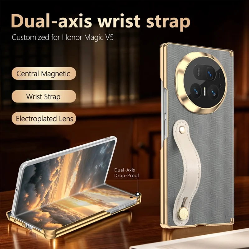 Für Honor Magic V5 5G Hülle mit Handschlaufe aus PU-Leder + PC Dual-Achsen-Scharnier-Schutz Telefonabdeckung - Grau