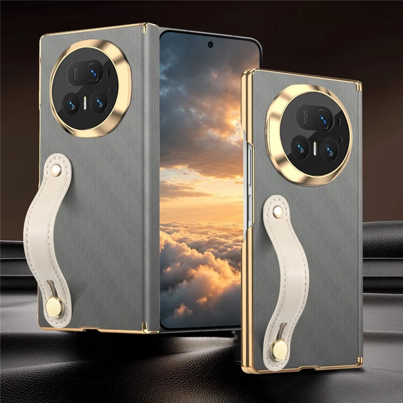 Für Honor Magic V5 5G Hülle mit Handschlaufe aus PU-Leder + PC Dual-Achsen-Scharnier-Schutz Telefonabdeckung - Grau