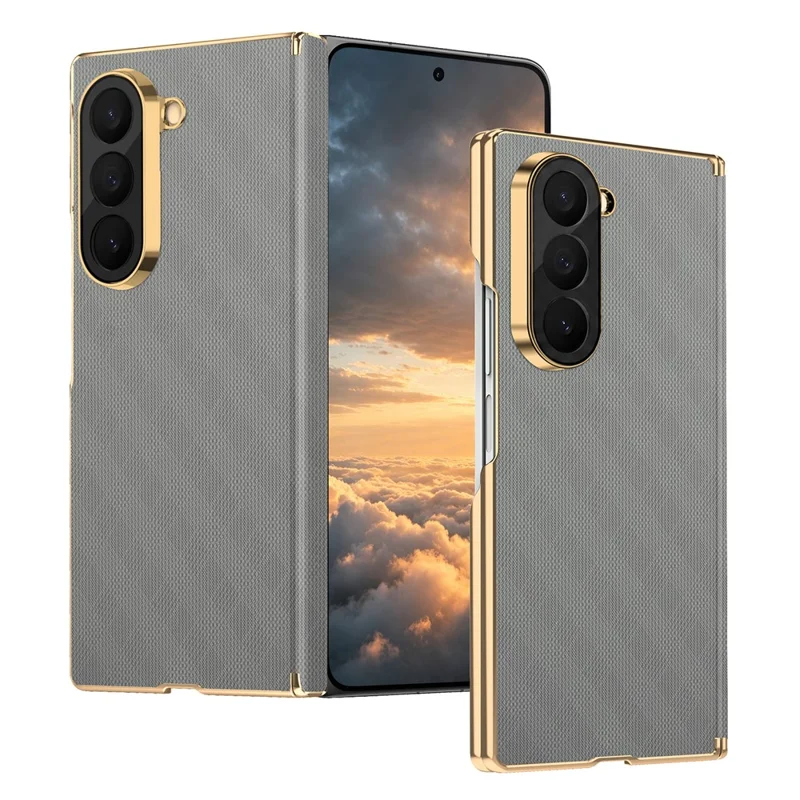 For Samsung Galaxy Z Fold6 5G Magnetic Case Dual-Axis Hinge Protection Grid Pattern Leather + PC Phone Back Cover - Grey