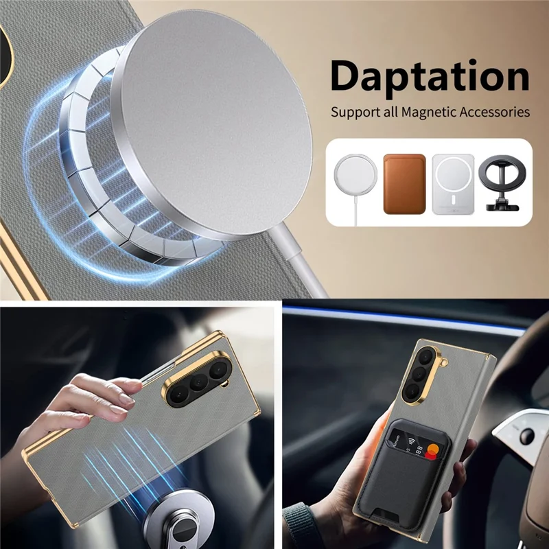For Samsung Galaxy Z Fold6 5G Magnetic Case Dual-Axis Hinge Protection Grid Pattern Leather + PC Phone Back Cover - Grey