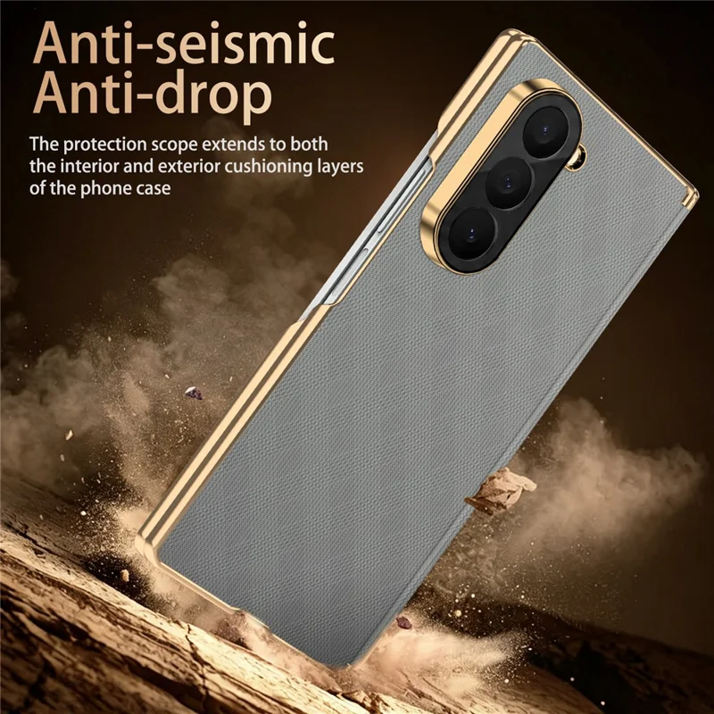 For Samsung Galaxy Z Fold6 5G Magnetic Case Dual-Axis Hinge Protection Grid Pattern Leather + PC Phone Back Cover - Grey