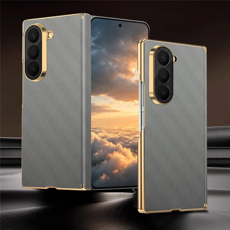 For Samsung Galaxy Z Fold6 5G Magnetic Case Dual-Axis Hinge Protection Grid Pattern Leather + PC Phone Back Cover - Grey