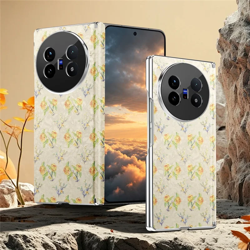 For vivo X Fold5 5G Magnetic Case Floral Pattern Leather Dual-Axis Hinge Shockproof Phone Cover - Apricot
