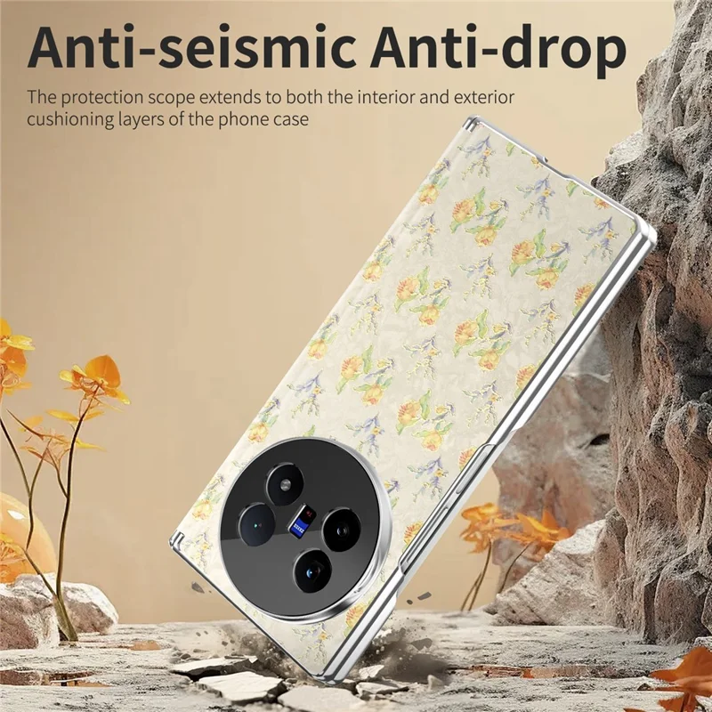 For vivo X Fold5 5G Magnetic Case Floral Pattern Leather Dual-Axis Hinge Shockproof Phone Cover - Apricot