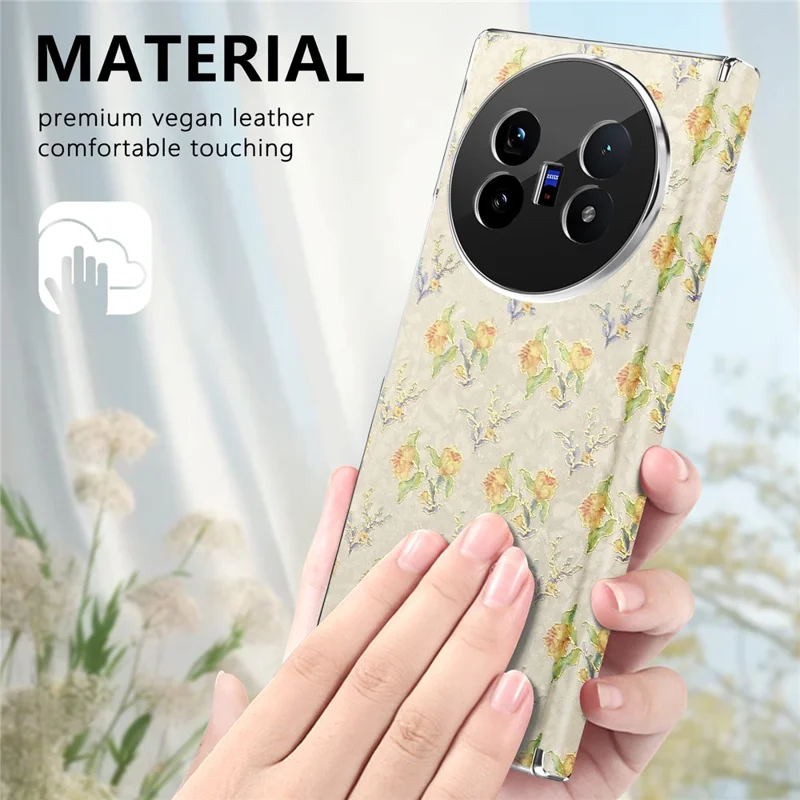 For vivo X Fold5 5G Magnetic Case Floral Pattern Leather Dual-Axis Hinge Shockproof Phone Cover - Apricot