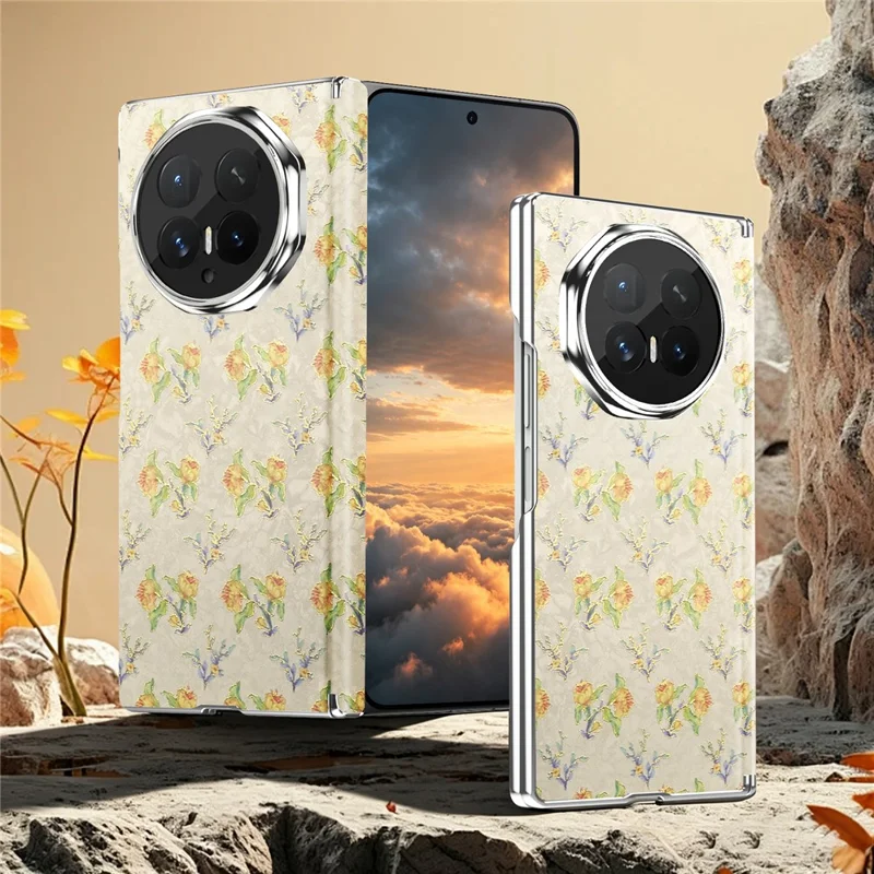 Capa Magnética para Honor Magic V6 5G com Padrão Floral em Pele, Dobradiça de Eixo Duplo, Capa de Telemóvel Resistente a Choques - Avelã