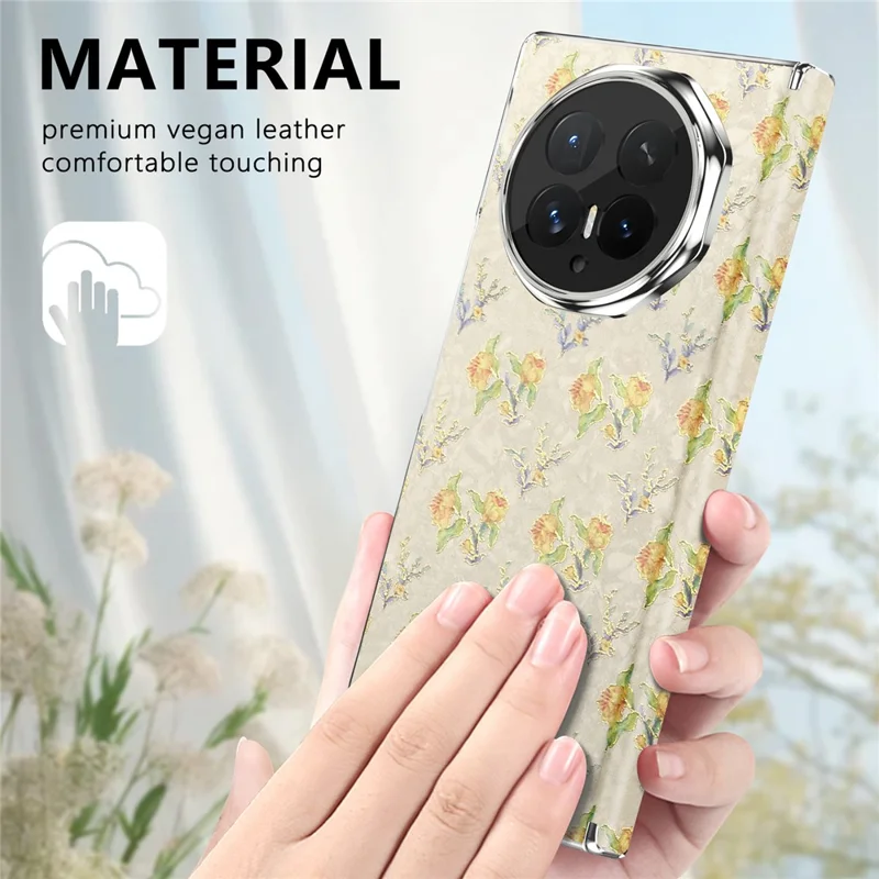 Capa Magnética para Honor Magic V6 5G com Padrão Floral em Pele, Dobradiça de Eixo Duplo, Capa de Telemóvel Resistente a Choques - Avelã