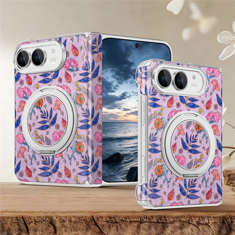 For iPhone Duo Case Rotating Kickstand Floral Pattern Leather + PC Protective Cover - Pink Purple
