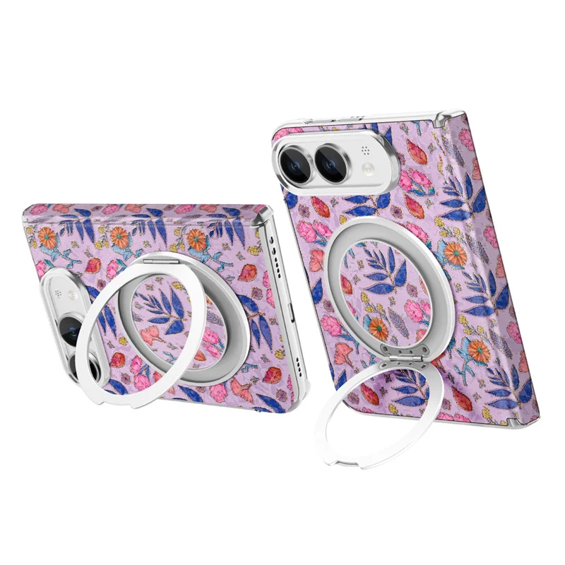 For iPhone Duo Case Rotating Kickstand Floral Pattern Leather + PC Protective Cover - Pink Purple