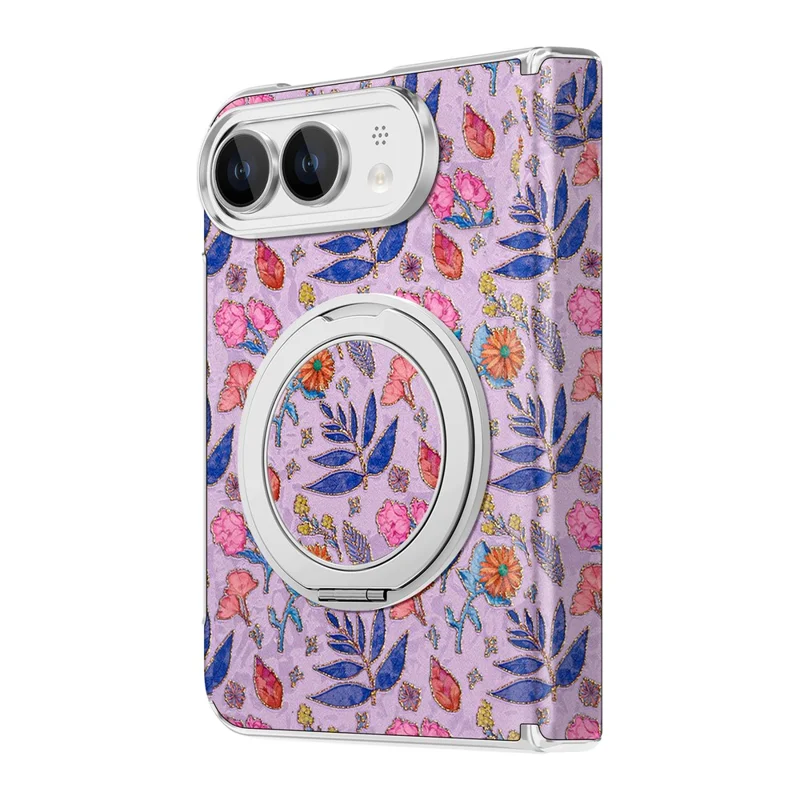 For iPhone Duo Case Rotating Kickstand Floral Pattern Leather + PC Protective Cover - Pink Purple