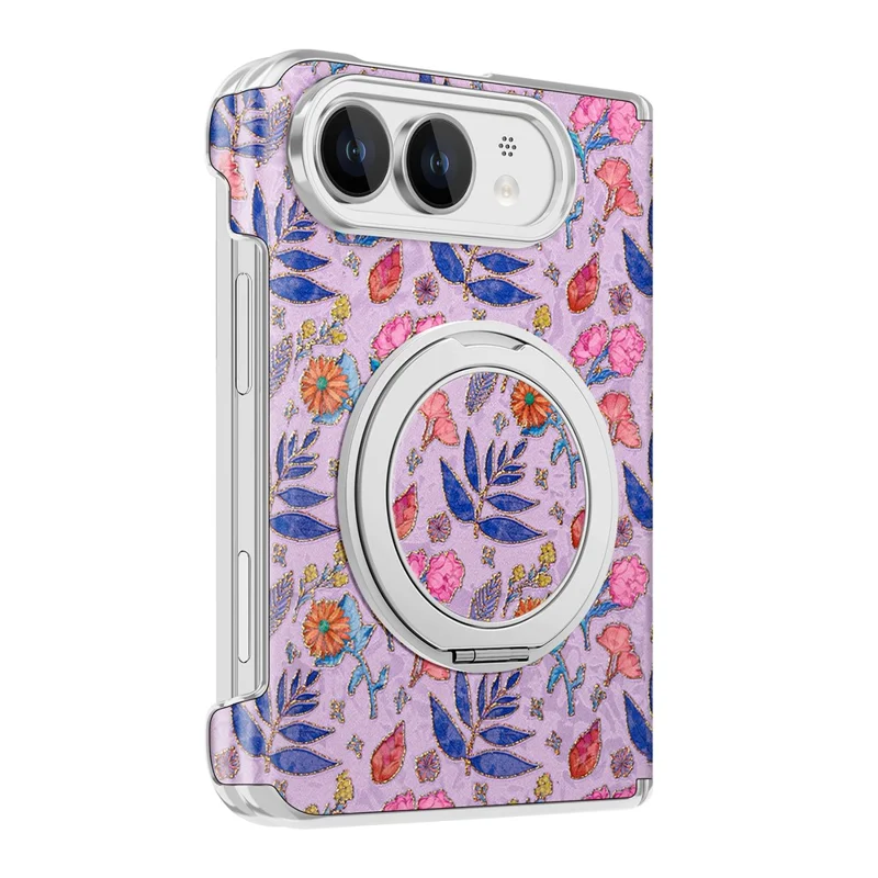 For iPhone Duo Case Rotating Kickstand Floral Pattern Leather + PC Protective Cover - Pink Purple