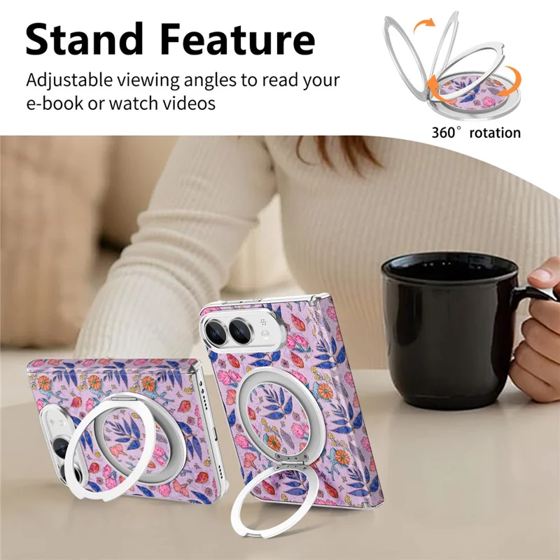 For iPhone Duo Case Rotating Kickstand Floral Pattern Leather + PC Protective Cover - Pink Purple
