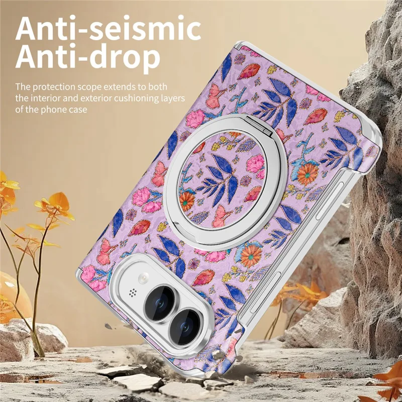 For iPhone Duo Case Rotating Kickstand Floral Pattern Leather + PC Protective Cover - Pink Purple