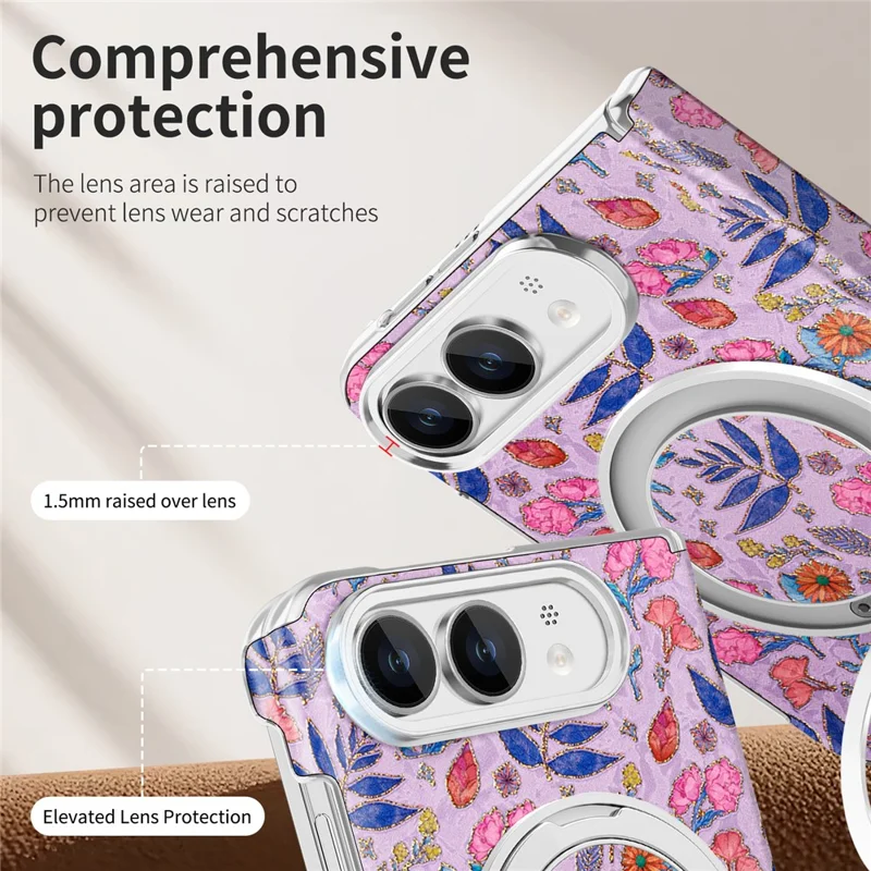For iPhone Duo Case Rotating Kickstand Floral Pattern Leather + PC Protective Cover - Pink Purple