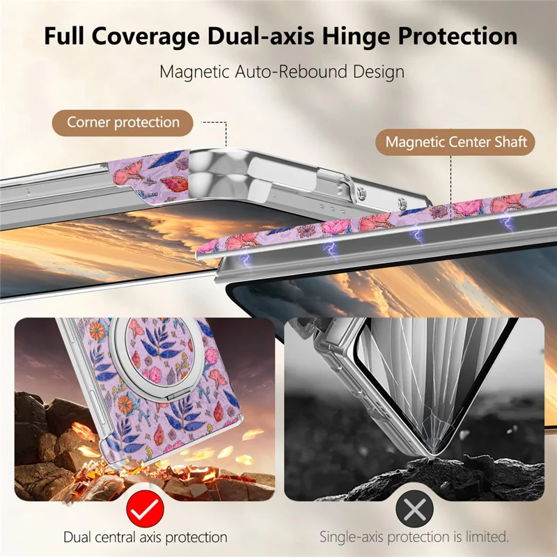 For iPhone Duo Case Rotating Kickstand Floral Pattern Leather + PC Protective Cover - Pink Purple