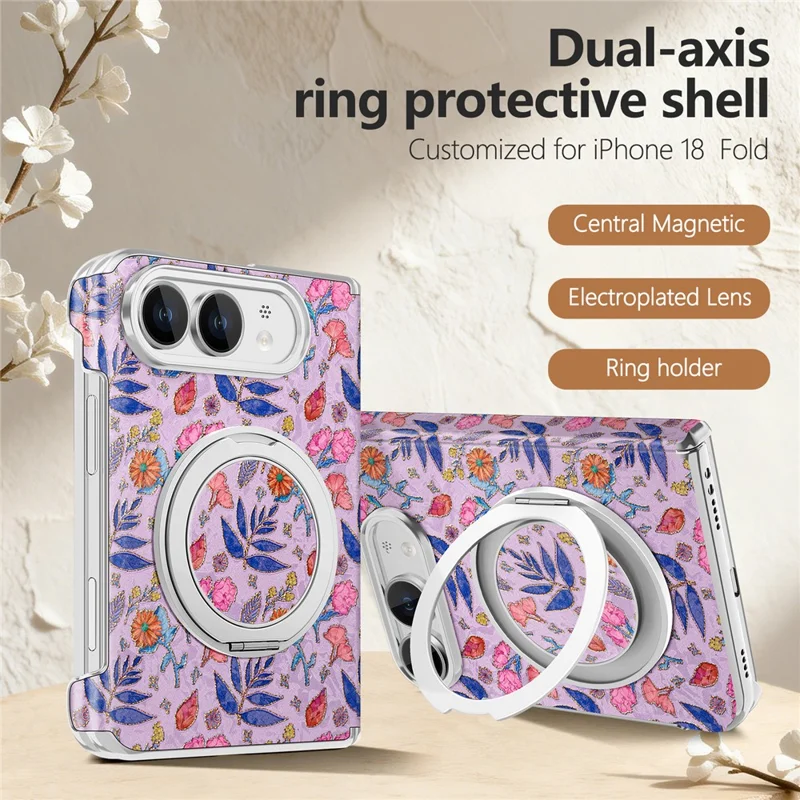 For iPhone Duo Case Rotating Kickstand Floral Pattern Leather + PC Protective Cover - Pink Purple