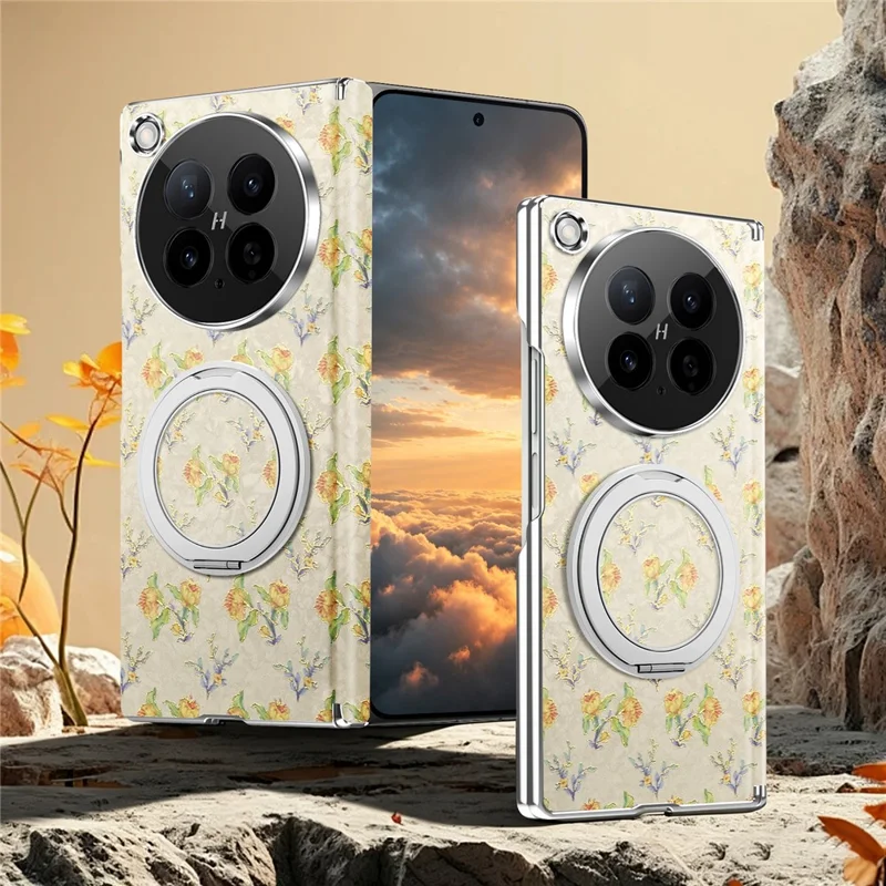 For Oppo Find N6 5G Case Rotating Kickstand Floral Pattern Leather + PC Protective Cover - Beige