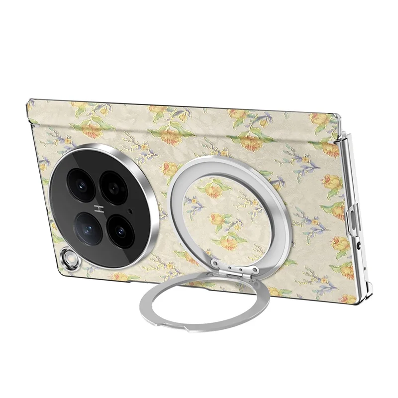 For Oppo Find N6 5G Case Rotating Kickstand Floral Pattern Leather + PC Protective Cover - Beige