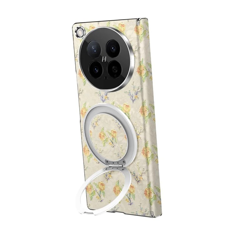 For Oppo Find N6 5G Case Rotating Kickstand Floral Pattern Leather + PC Protective Cover - Beige
