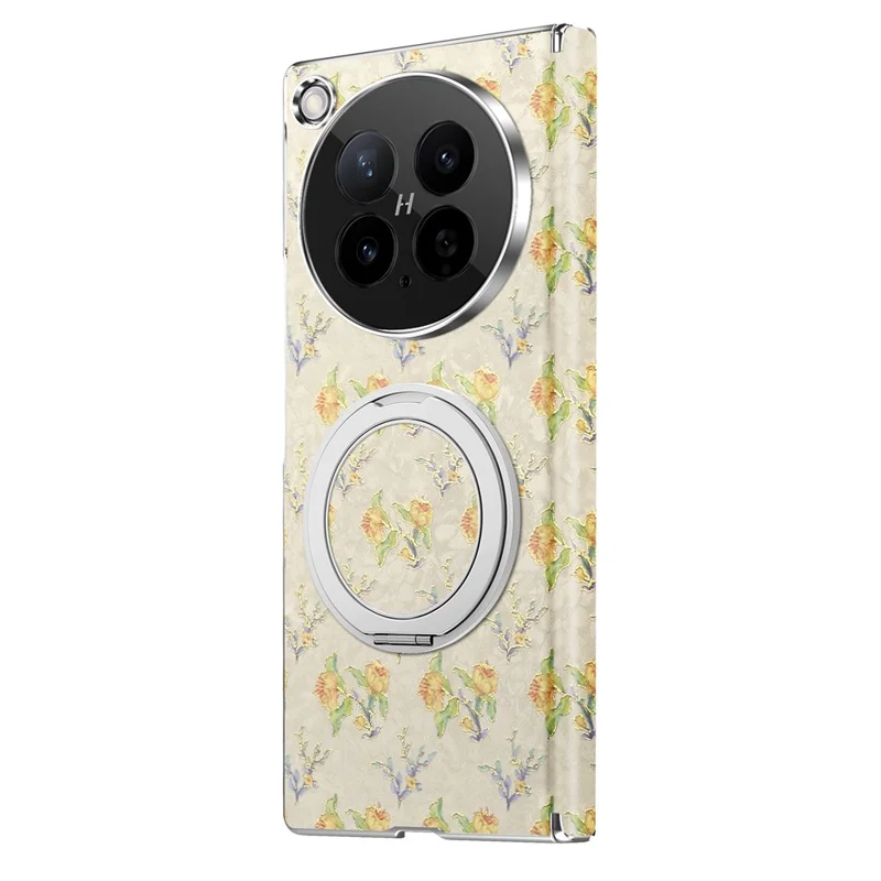 For Oppo Find N6 5G Case Rotating Kickstand Floral Pattern Leather + PC Protective Cover - Beige