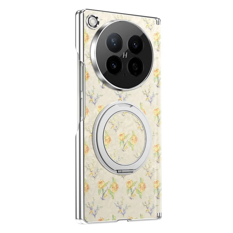 For Oppo Find N6 5G Case Rotating Kickstand Floral Pattern Leather + PC Protective Cover - Beige