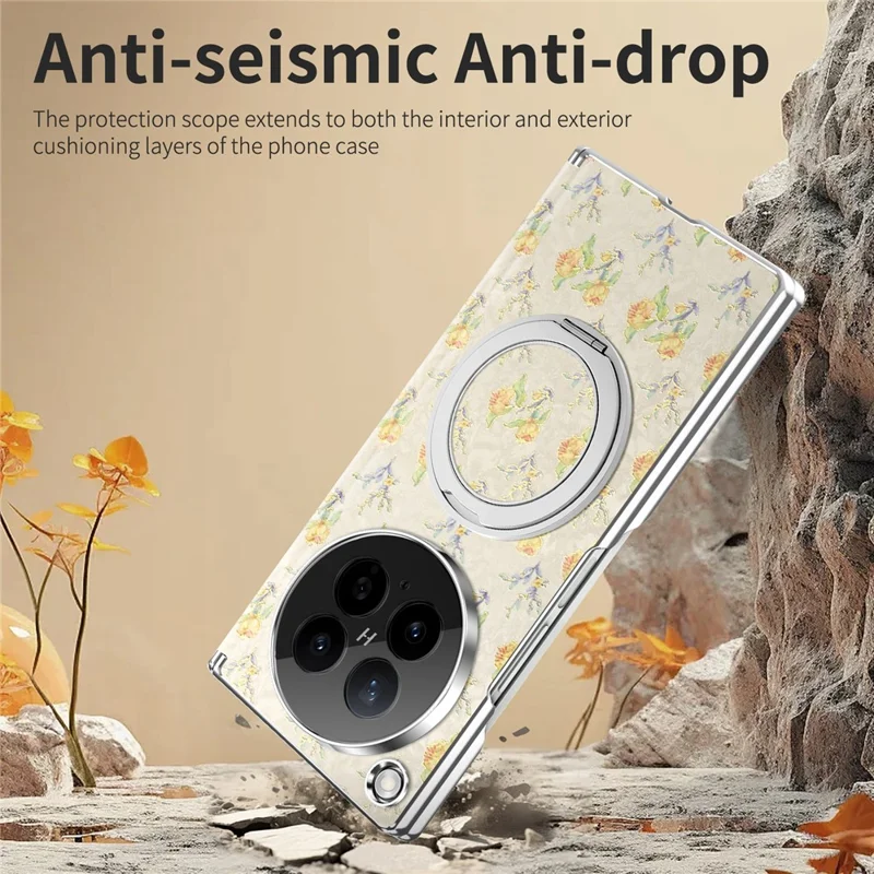 For Oppo Find N6 5G Case Rotating Kickstand Floral Pattern Leather + PC Protective Cover - Beige