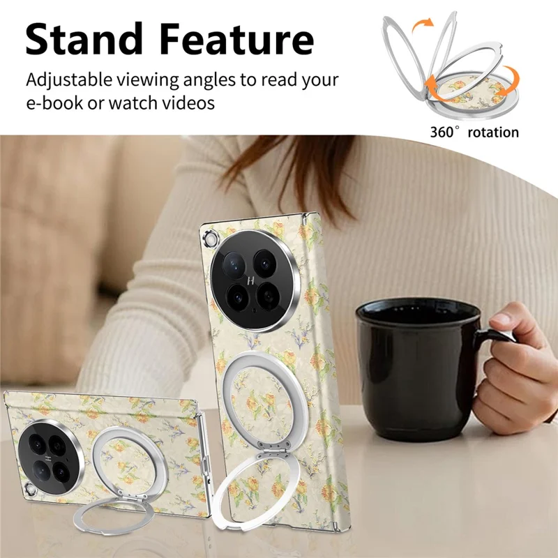 For Oppo Find N6 5G Case Rotating Kickstand Floral Pattern Leather + PC Protective Cover - Beige
