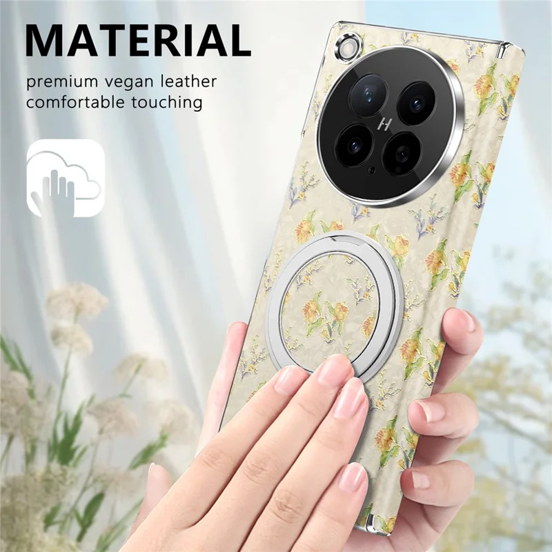 For Oppo Find N6 5G Case Rotating Kickstand Floral Pattern Leather + PC Protective Cover - Beige