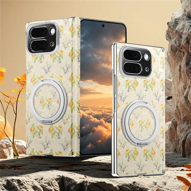 Voor Google Pixel 10 Pro Fold hoesje draaiende standaard Bloemenpatroon Leer + PC beschermhoes - Beige