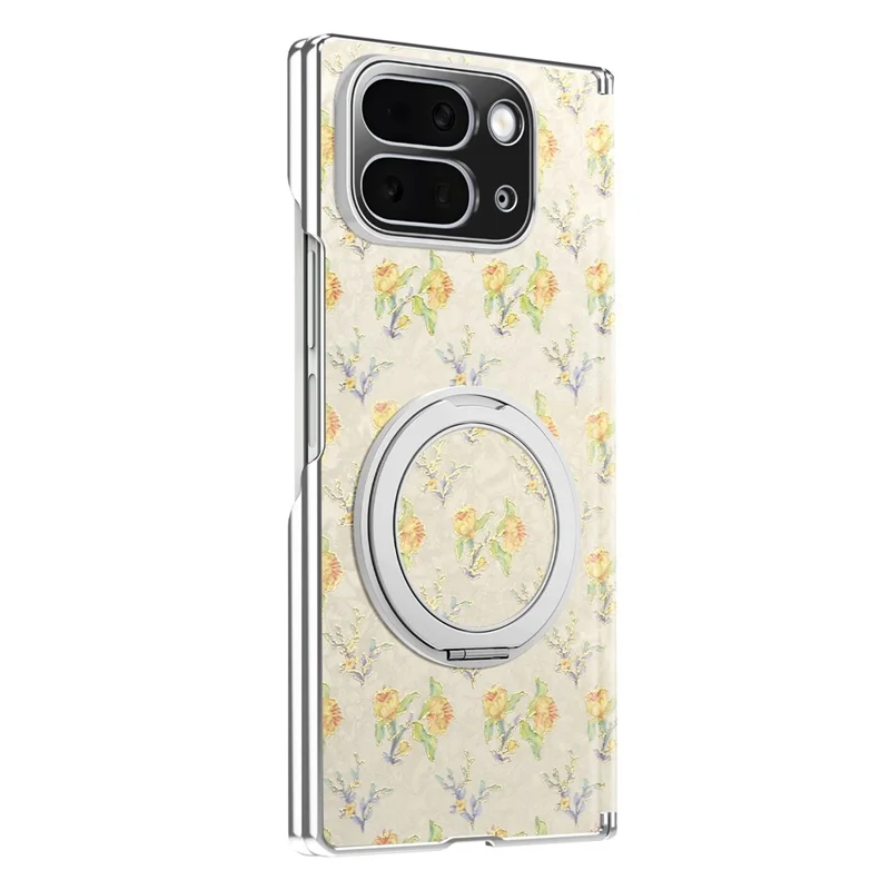 Voor Google Pixel 10 Pro Fold hoesje draaiende standaard Bloemenpatroon Leer + PC beschermhoes - Beige