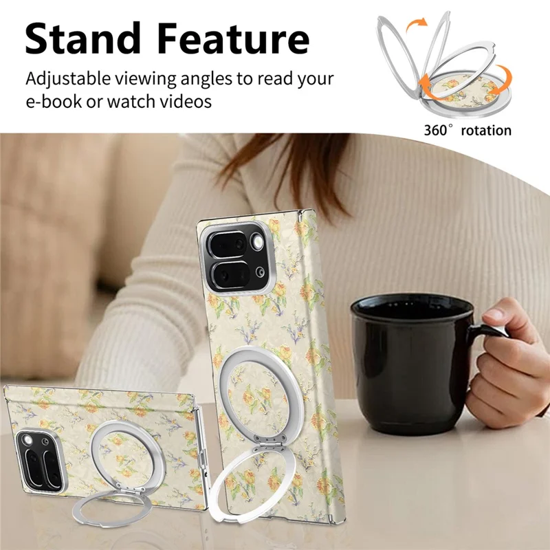 Voor Google Pixel 10 Pro Fold hoesje draaiende standaard Bloemenpatroon Leer + PC beschermhoes - Beige