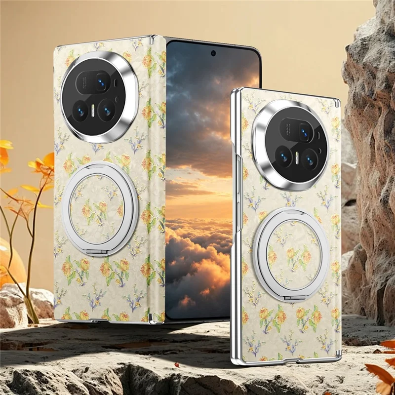 Coque pour Honor Magic V5 5G, Support Rotatif, Motif Floral, Cuir + PC, Étui de Protection - Beige