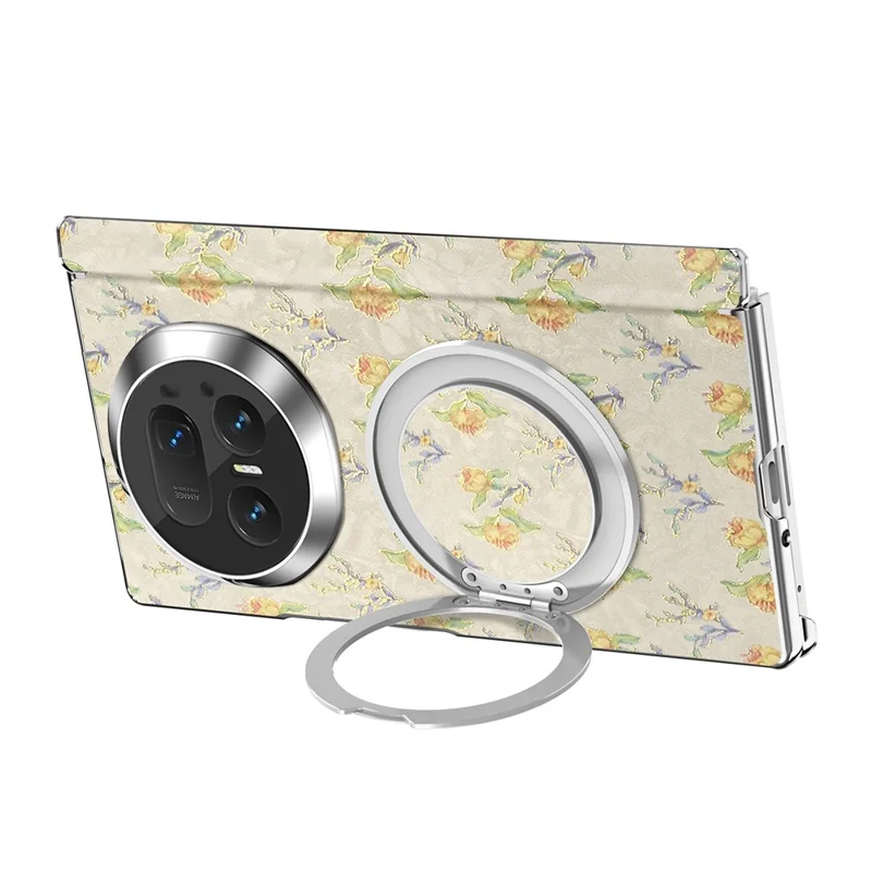 Coque pour Honor Magic V5 5G, Support Rotatif, Motif Floral, Cuir + PC, Étui de Protection - Beige