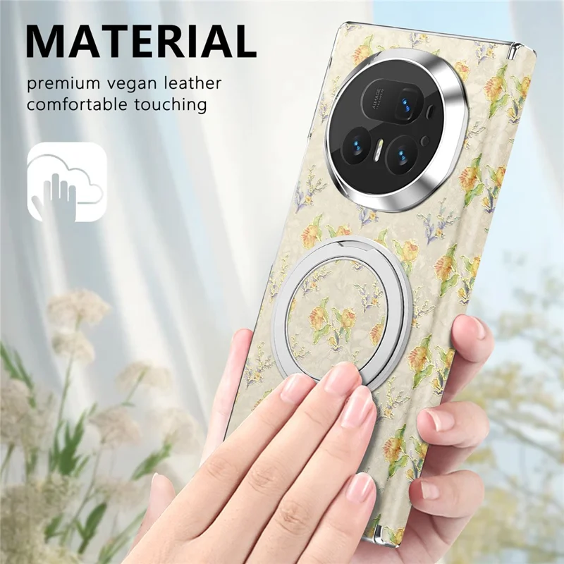 Coque pour Honor Magic V5 5G, Support Rotatif, Motif Floral, Cuir + PC, Étui de Protection - Beige