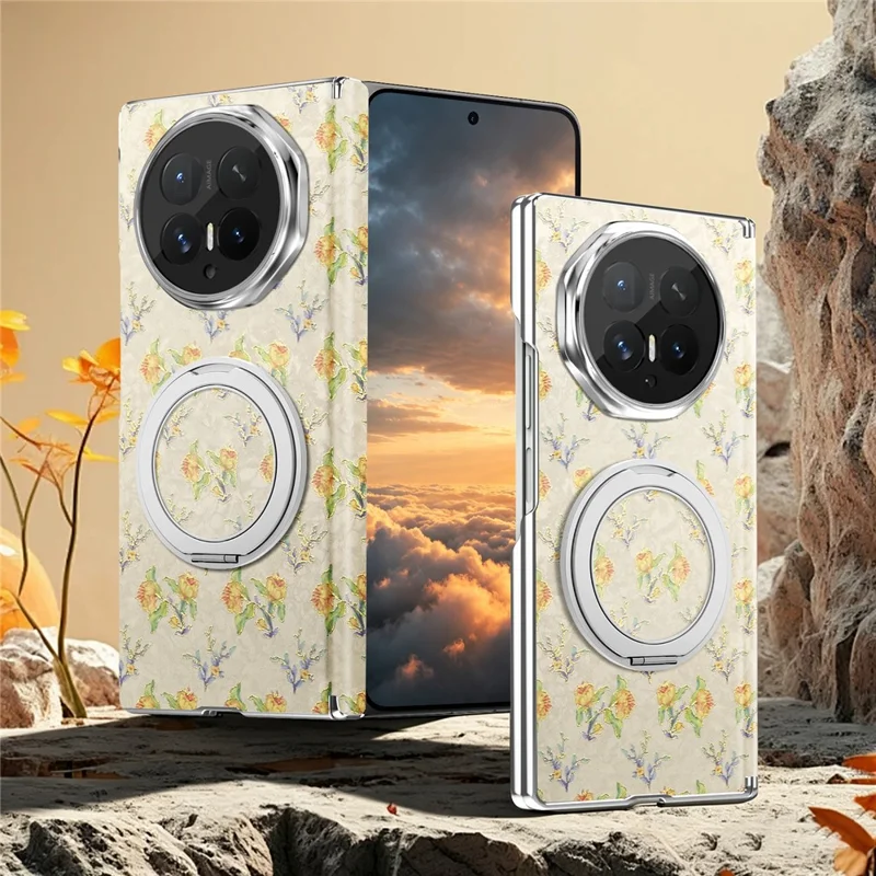 Obudowa do Honor Magic V6 5G z obracającą się podpórką, kwiatowy wzór, ochronna obudowa z skóry i PC - Beżowy