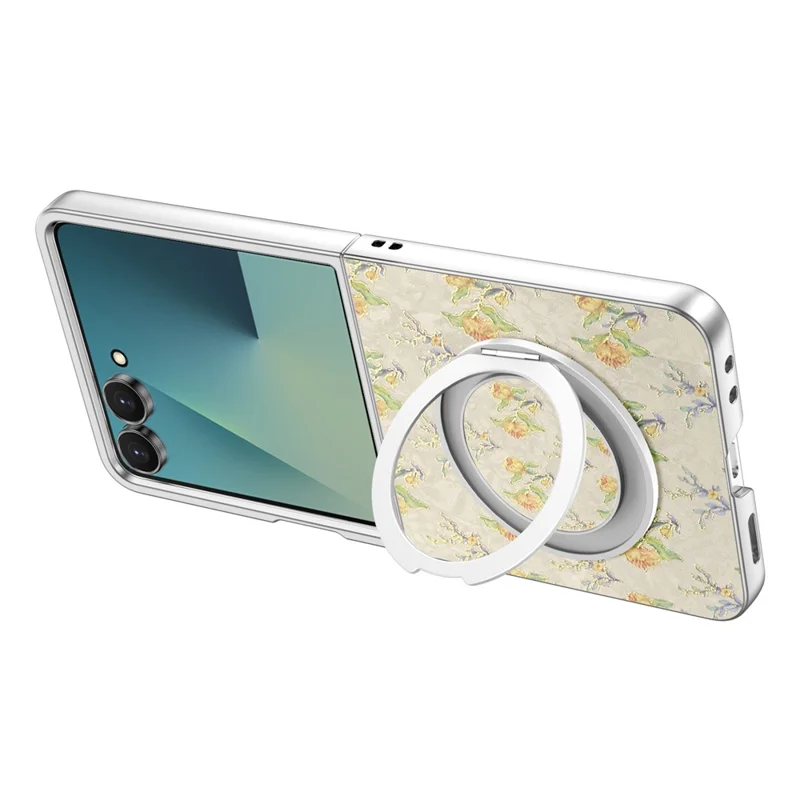 For Samsung Galaxy Z Flip8 Case Rotating Kickstand Floral Pattern Leather + PC Protective Cover - Beige