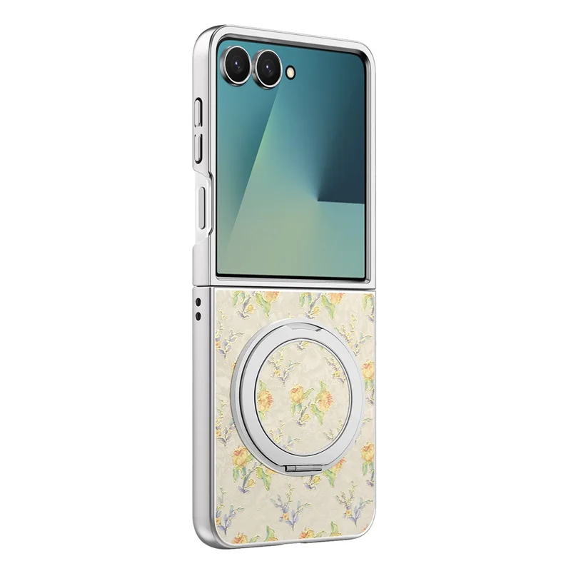 For Samsung Galaxy Z Flip8 Case Rotating Kickstand Floral Pattern Leather + PC Protective Cover - Beige