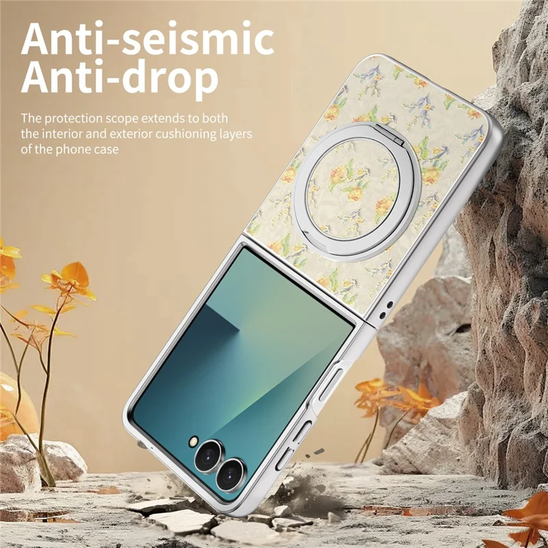 For Samsung Galaxy Z Flip8 Case Rotating Kickstand Floral Pattern Leather + PC Protective Cover - Beige