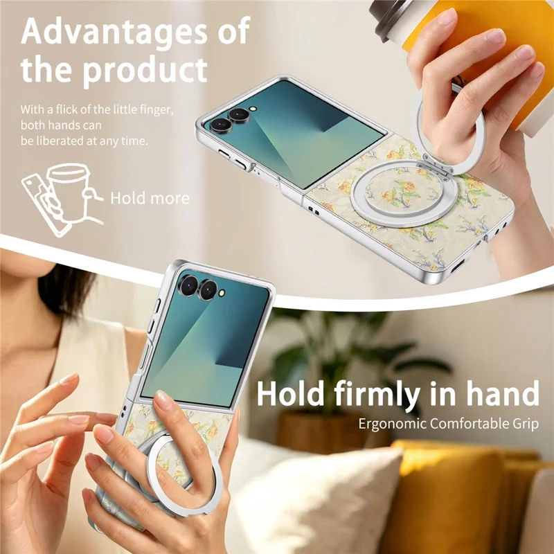 For Samsung Galaxy Z Flip8 Case Rotating Kickstand Floral Pattern Leather + PC Protective Cover - Beige