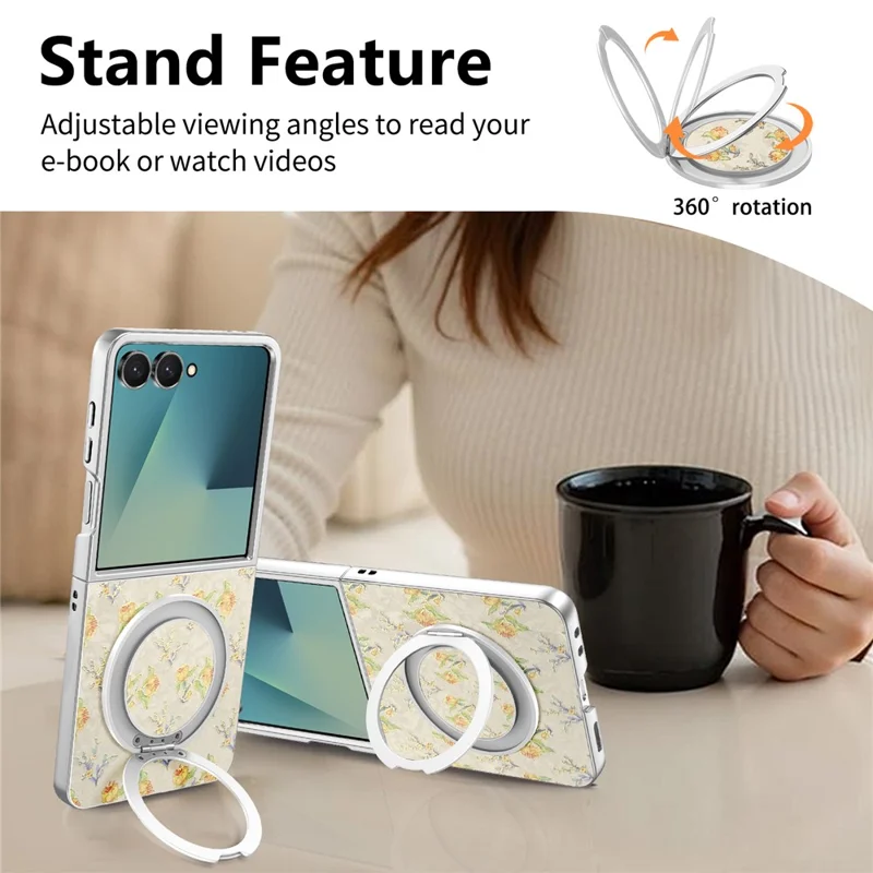 For Samsung Galaxy Z Flip8 Case Rotating Kickstand Floral Pattern Leather + PC Protective Cover - Beige
