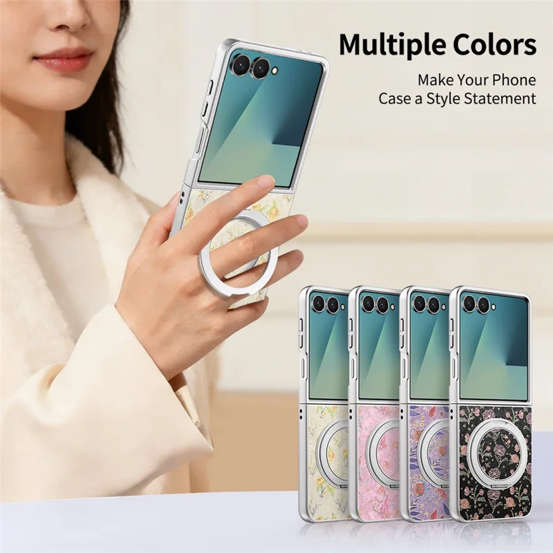 For Samsung Galaxy Z Flip8 Case Rotating Kickstand Floral Pattern Leather + PC Protective Cover - Beige